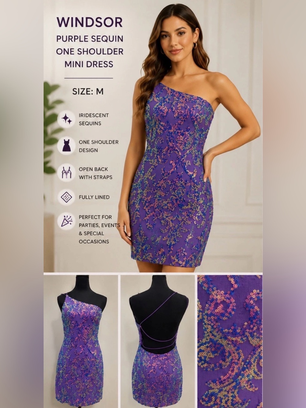 Women’s Windsor Purple Sequin Mini Dress Size M Open Back Party Cocktail Dress